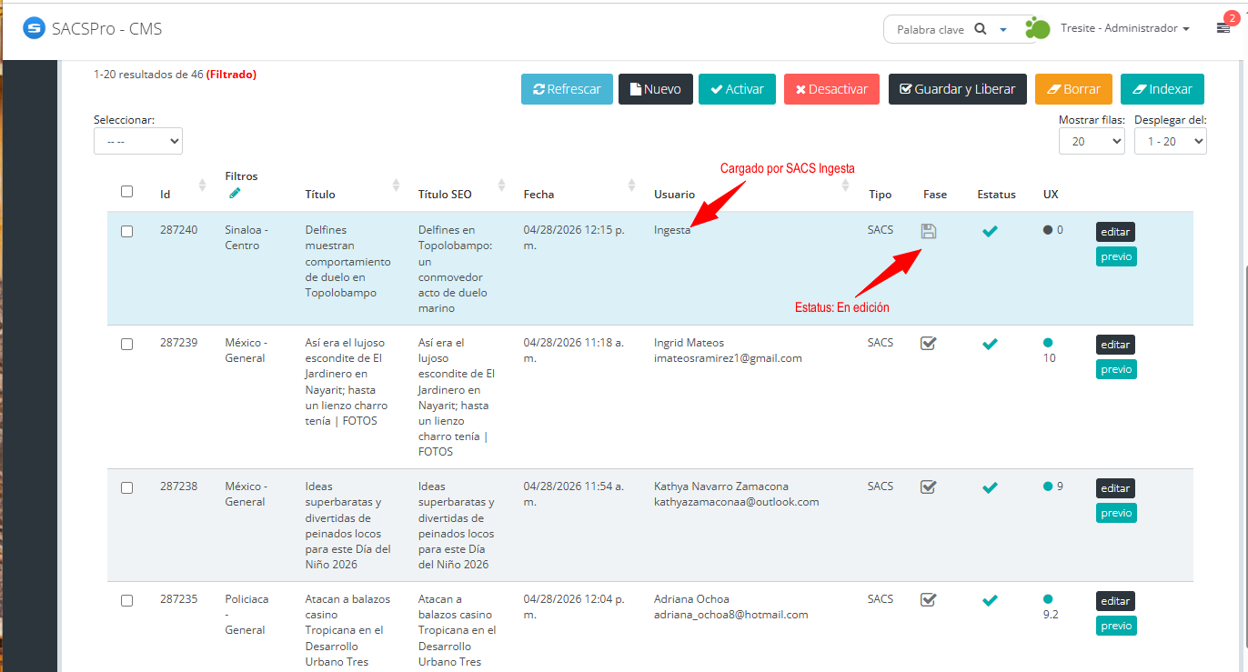 Vista del editor en el CMS