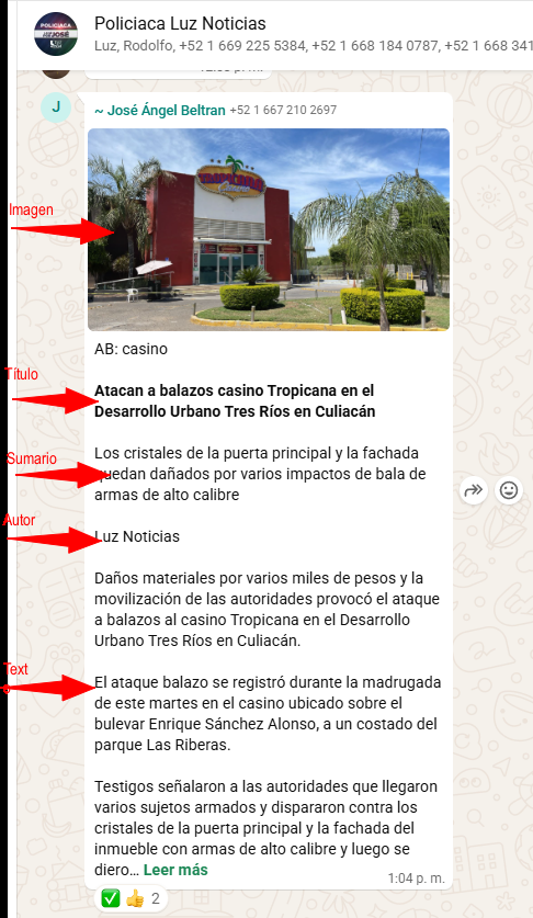 Campos de la nota en WhatsApp