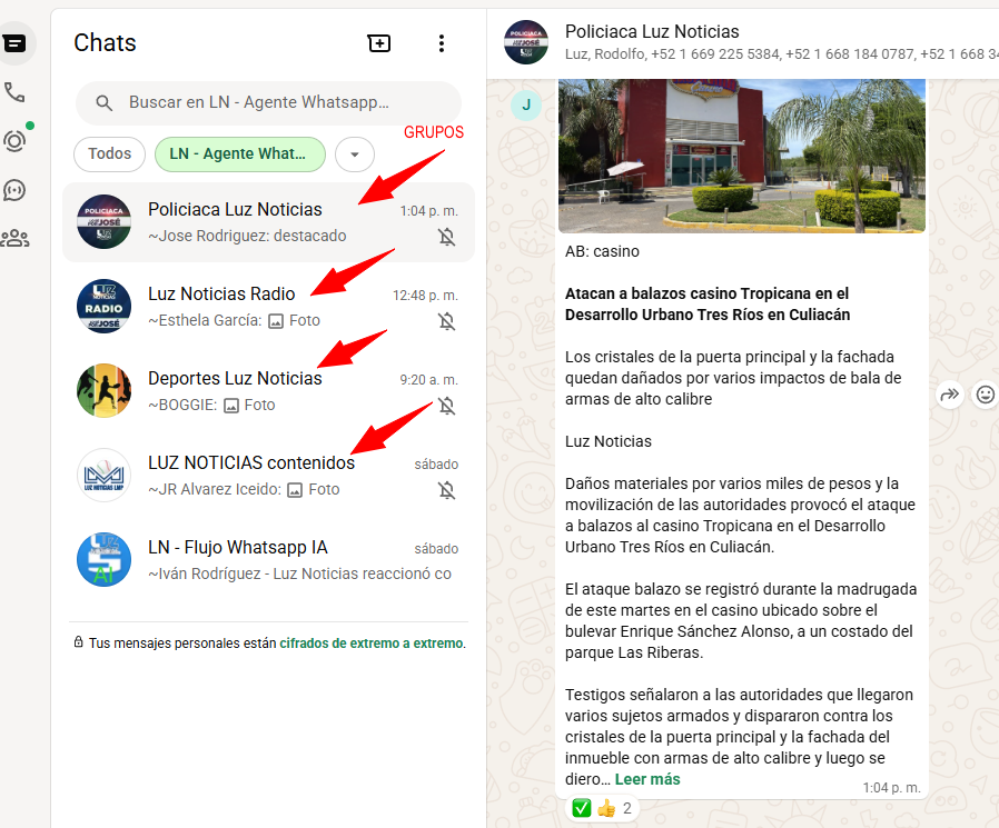 Canales por sección en WhatsApp